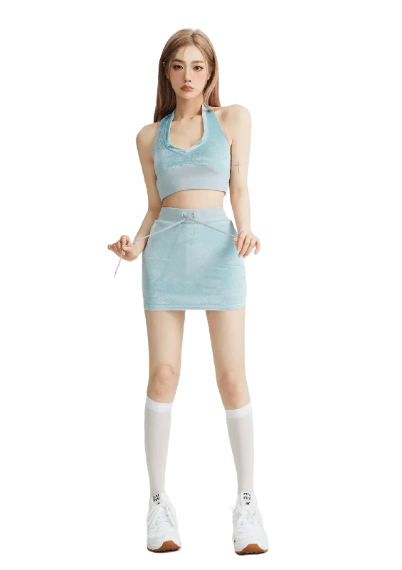 Velvet Halter Tank Top & Skirt Sports Two-Piece Set lounge tank top