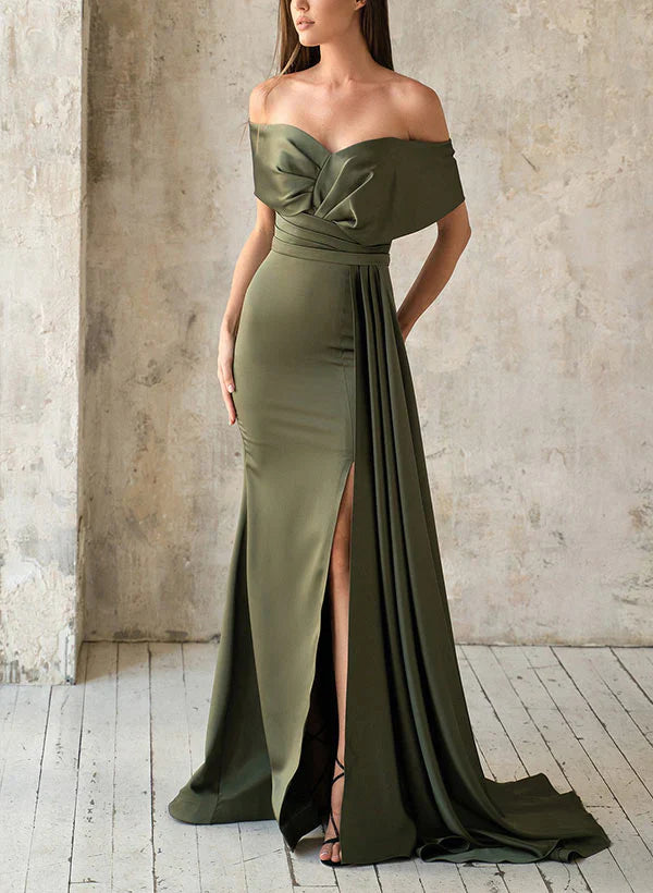 Horn/fishtail shoulder satin pleats mother of the bride dresses