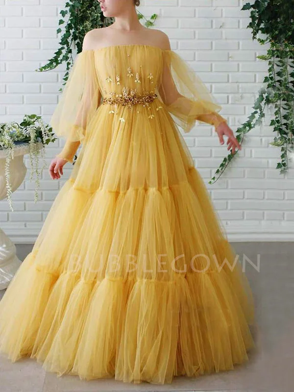 Off Shoulder Long Sleeves Yellow Tulle Long Evening Prom Dresses, Cheap Custom Prom Dress, MR7633 Off Shoulder Long Sleeves Yellow Tulle Long Evening Prom Dresses, Cheap Custom Prom Dress, MR7633