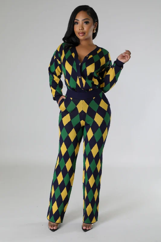 26975P - CHECKERED KNIT CARDIGAN&PANTS SET (4PCS) Slim Fit Regular Fit Oversized