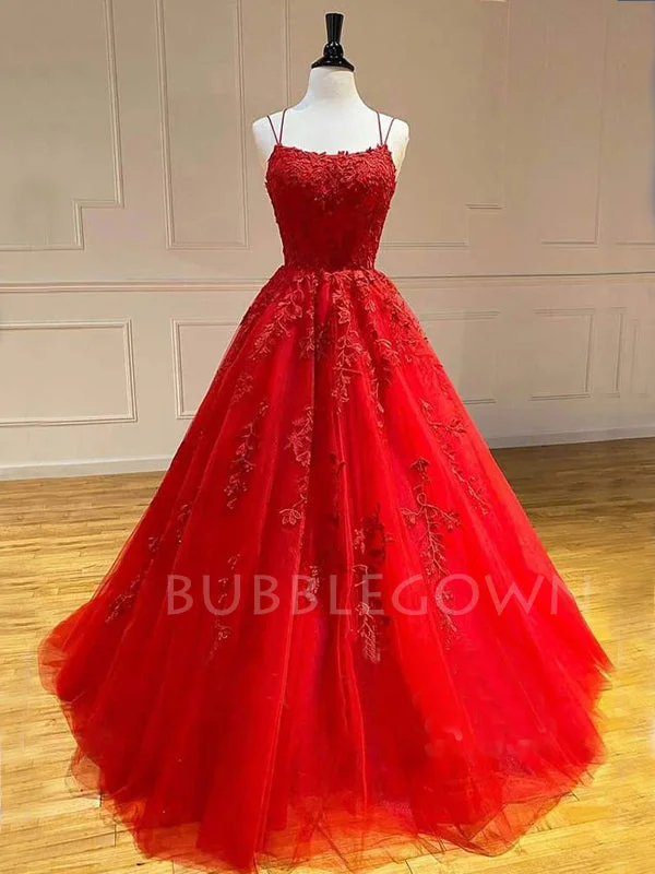 Red Tulle A-Line Spaghetti Straps Appliques Lace Long Evening Prom Dresses, Cheap Custom Prom Dress, MR7503 Red Tulle A-Line Spaghetti Straps Appliques Lace Long Evening Prom Dresses, Cheap Custom Prom Dress, MR7503