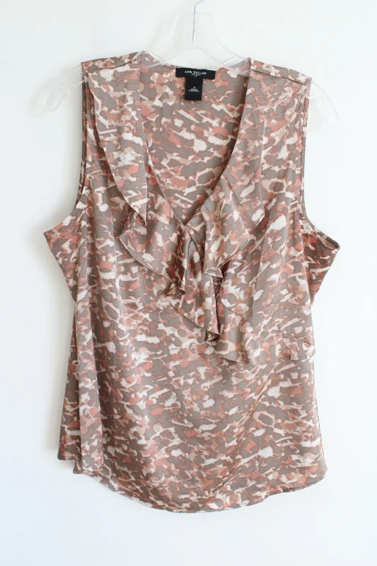 Ann Taylor Tan Satin Print Ruffle Tank Blouse | 14 long tank top