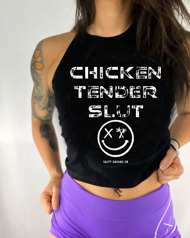 Salty Savage Ladies "CHICKEN TENDER SLUT" Flowy Crop Tank bronze tank top