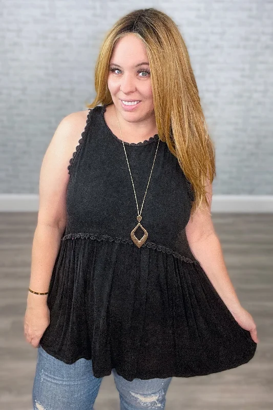 "Fit to Flatter" Babydoll Lace Trimmed Tank Top with Back Zipper - Black {POL} cotton tank top