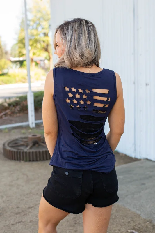 Oh Say Can You See Navy Tank Top with Flag Cutout in Back ivory tank top