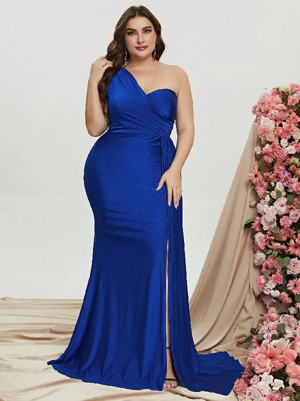 Plus One Shoulder Draped Side Split Thigh Evening Dress Bridesmaids Dress