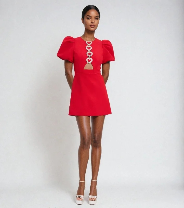 Red Hollow-Out Puff Sleeve Dress