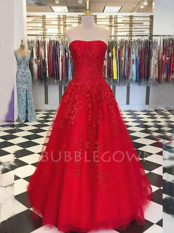 Red Tulle A-line Appliques Lace Long Evening Prom Dresses, Cheap Custom Prom Dress, MR7632 Red Tulle A-line Appliques Lace Long Evening Prom Dresses, Cheap Custom Prom Dress, MR7632