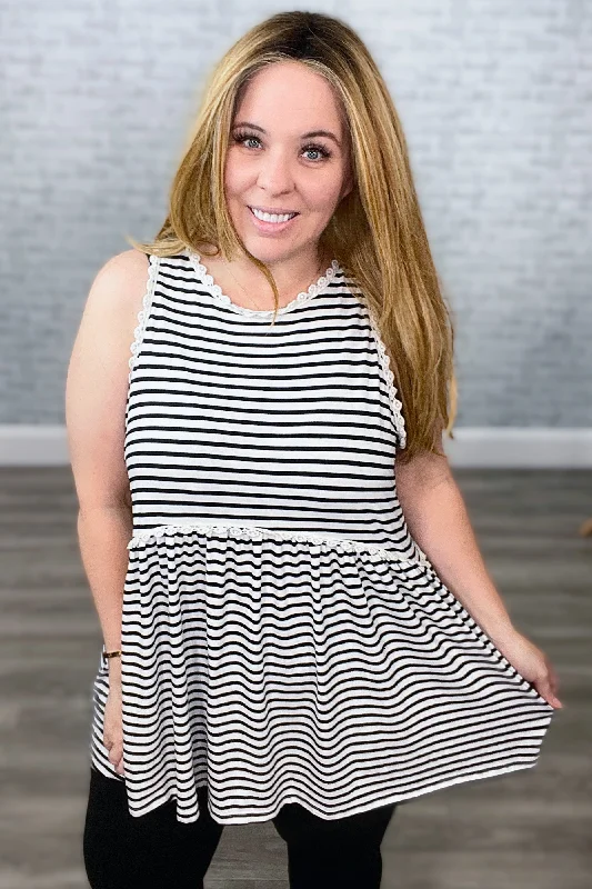Fit to Flatter Striped Babydoll Lace Trimmed Tank Top with Back Zipper {POL} lightweight tank top