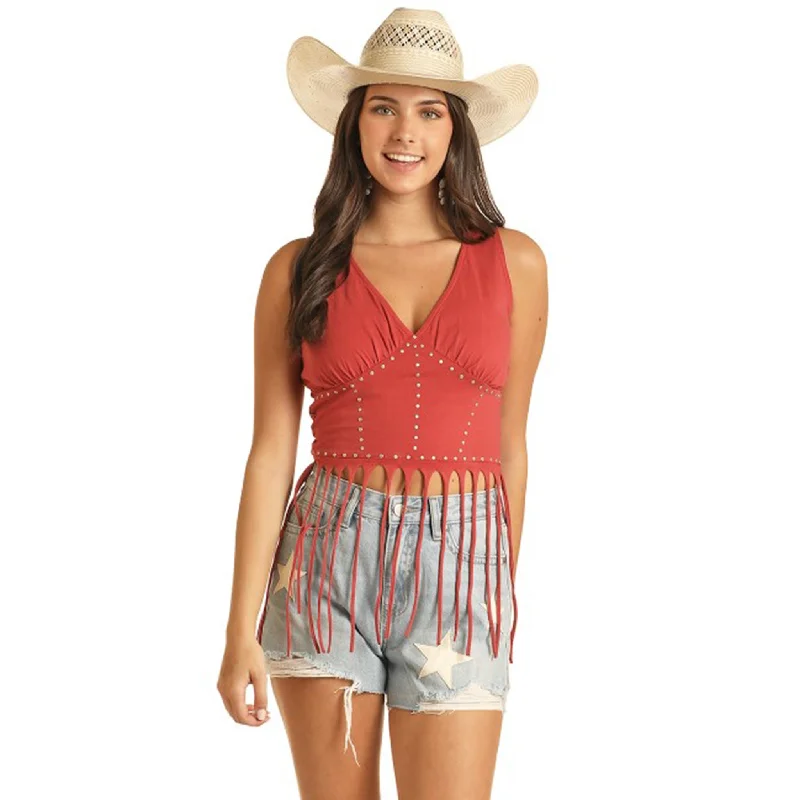 Rock & Roll Women's Red Studded Fringe Tank cutout tank top