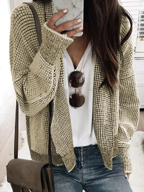 Apricot Plaid Contrast Trim Open Front Cardigan - Chic Casual Luster Shift Cut Sweater Seamless Knitted Crochet Apricot Plaid Contrast Trim Open Front Cardigan - Chic Casual Luster Shift Cut Sweater Seamless Knitted Crochet
