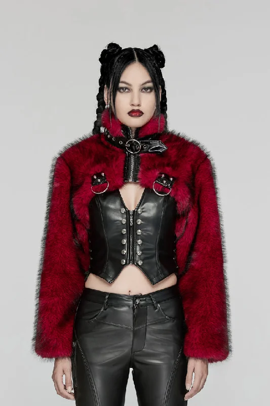 Red Stand Collar Long Sleeves Women's Punk Faux Fur Short Jacket Jersey Jacket Tulle Jacket Batik Jacket Red Stand Collar Long Sleeves Women's Punk Faux Fur Short Jacket Jersey Jacket Tulle Jacket Batik Jacket