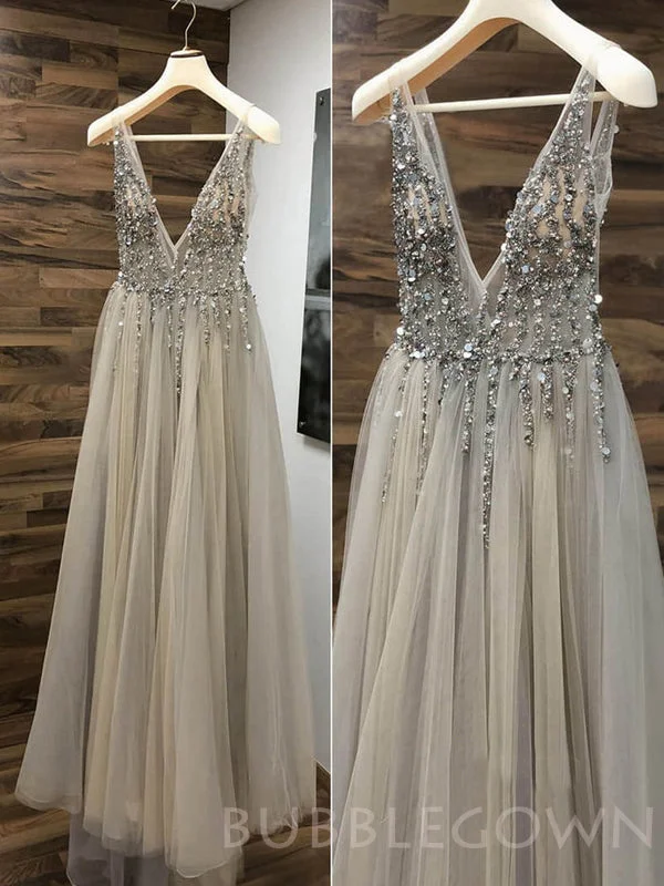 Deep V-neck Grey Tulle See Through Beaded Long Evening Prom Dresses, V-back Prom Dress, MR7929 Deep V-neck Grey Tulle See Through Beaded Long Evening Prom Dresses, V-back Prom Dress, MR7929