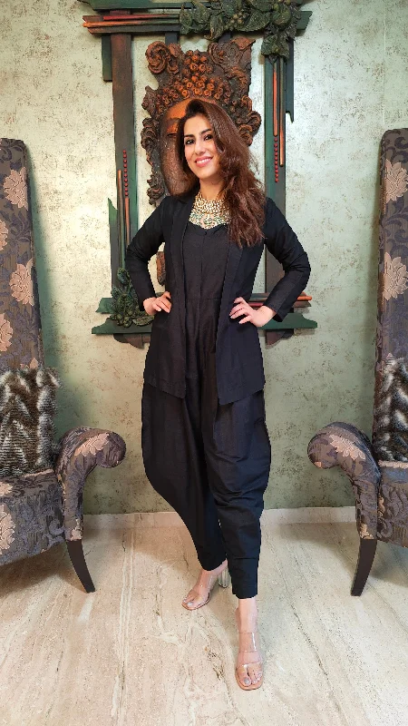 Black Jumpsuit with Jacket Zip Front Button Front Snap Front