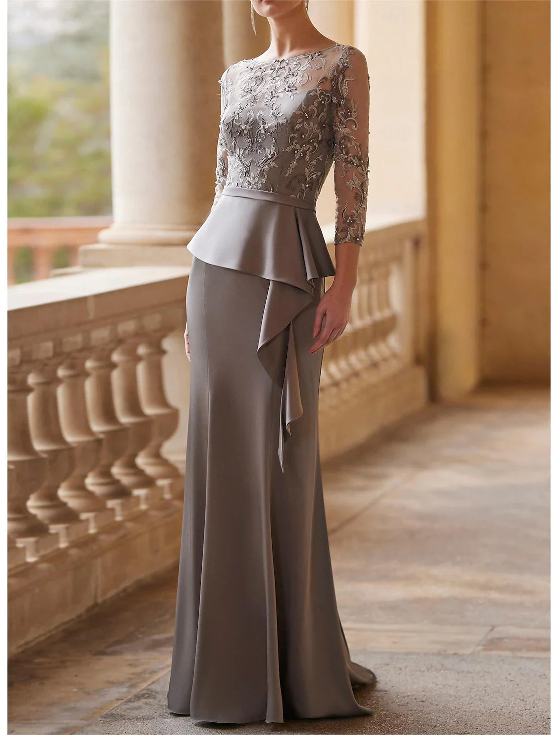Mermaid/Small Mother of the bride dresses Wedding Guests Elegant Retro Party Illusion Neckline and Floor Length Lace Elastic Fabric 3/4 Long Sleeves Half Sleeve Belt/Ribbon Pleated Beads