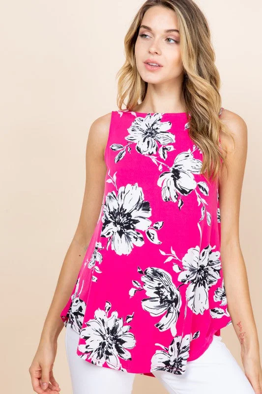 Hot Pink Fuchsia Floral Relaxed Fit Tank Sleeveless Tunic Top coral tank top