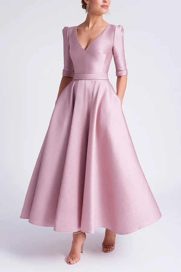 Unique satin A-line V-neck half sleeve pocket mother of the bride dresses