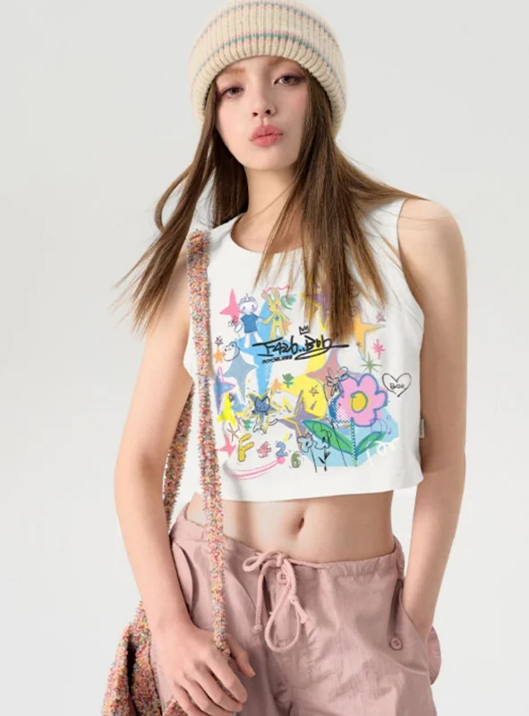 Fun Cartoon Graffiti Letter Tank Top spandex blend tank