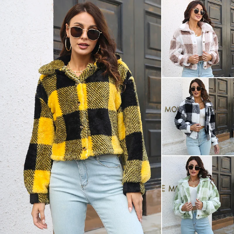Plaid Double Sided Velvet Jacket For Women Lantern Sleeve Loose Short Coat Autumn And Winter Plush Clothing Trench Coat Raincoat Waterproof Jacket Plaid Double Sided Velvet Jacket For Women Lantern Sleeve Loose Short Coat Autumn And Winter Plush Clothing Trench Coat Raincoat Waterproof Jacket