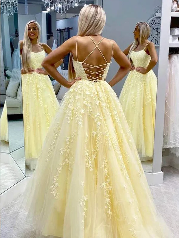 A-Line Spaghetti Straps Yellow Lace Long Evening Prom Dresses, Cheap Custom Prom Dress, MR7315 A-Line Spaghetti Straps Yellow Lace Long Evening Prom Dresses, Cheap Custom Prom Dress, MR7315