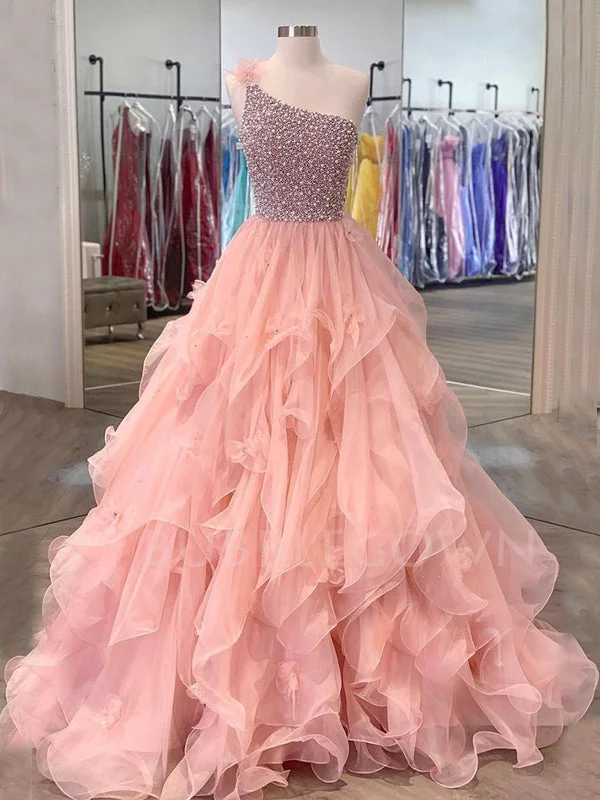 Pink Organza One Shoulder Beaded A-line Long Evening Prom Dresses, Cheap Sweet Prom dresses, MR7405 Pink Organza One Shoulder Beaded A-line Long Evening Prom Dresses, Cheap Sweet Prom dresses, MR7405