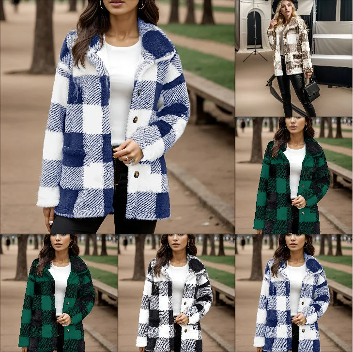 Women's Long Sleeve Plaid Button Loose Jacket With Pockets Faux Fur Jacket Real Fur Jacket Shearling Jacket Women's Long Sleeve Plaid Button Loose Jacket With Pockets Faux Fur Jacket Real Fur Jacket Shearling Jacket