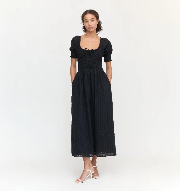 The Madeline Nap Dress - Black Linear Swiss Dot