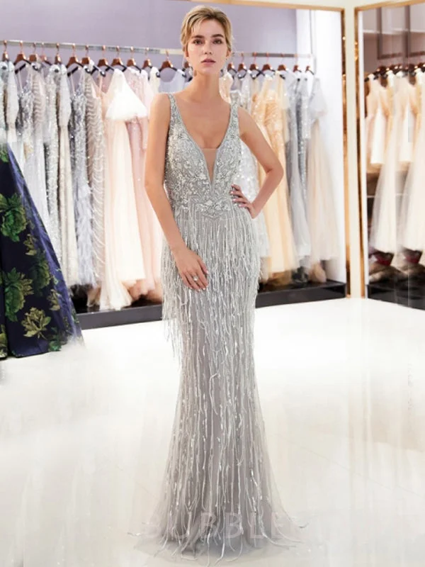 Mermaid V-neck Beaded Luxury Silver Long Evening Prom Dresses, Cheap Custom Prom Dresses, MR7728 Mermaid V-neck Beaded Luxury Silver Long Evening Prom Dresses, Cheap Custom Prom Dresses, MR7728