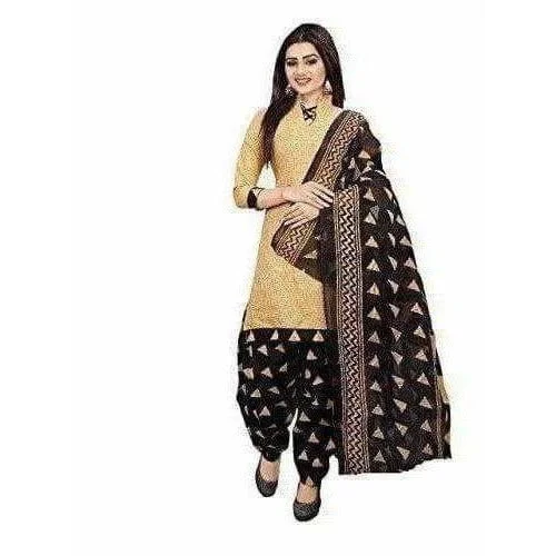 Beige Cotton Printed Unstitched Dress Material