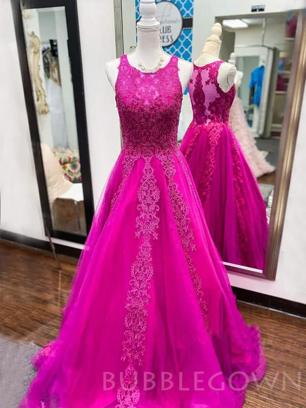 A-line Fuchsia Tulle Appliques Lace Long Illusion Evening Prom Dresses, Cheap Custom Prom Dresses, MR7938 A-line Fuchsia Tulle Appliques Lace Long Illusion Evening Prom Dresses, Cheap Custom Prom Dresses, MR7938