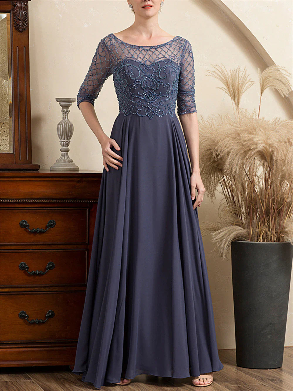 A-line/Princess spoon short sleeved and ground beaded mother of the bride dresses