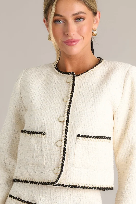 Sleek Simplicity Ivory Button Front Tweed Jacket Denim Jacket Leather Jacket Suede Jacket Sleek Simplicity Ivory Button Front Tweed Jacket Denim Jacket Leather Jacket Suede Jacket