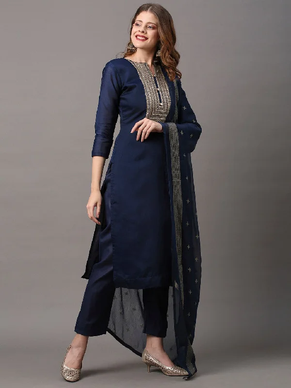 Saree Mall Navy Blue & Gold-Toned Embroidered Unstitched Dress Material