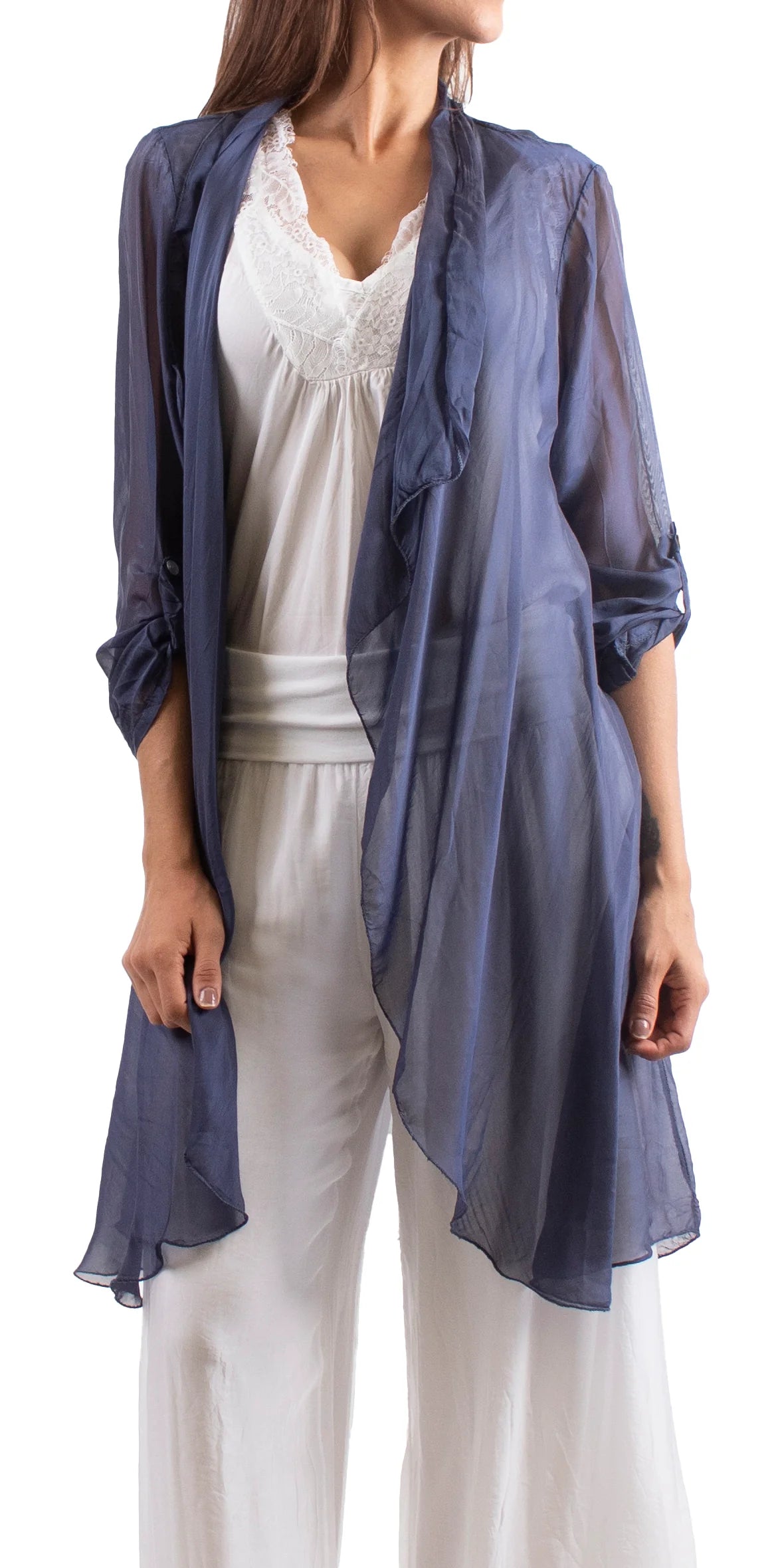 PORTICI SILK CARDIGAN in NAVY Spandex Rayon Corduroy