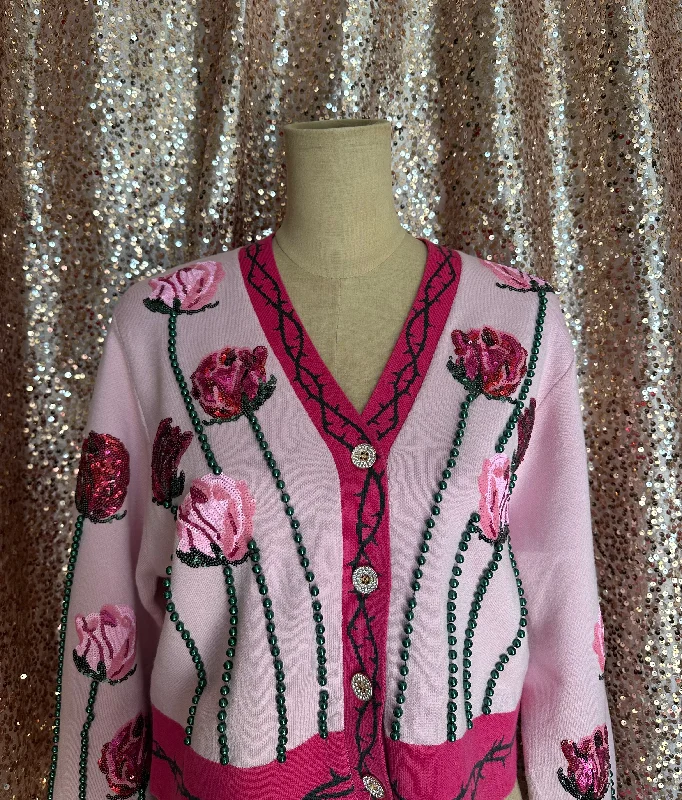 LIGHT PINK LONG STEM ROSE CARDIGAN Hooded Cardigan Collared Cardigan Shawl Collar