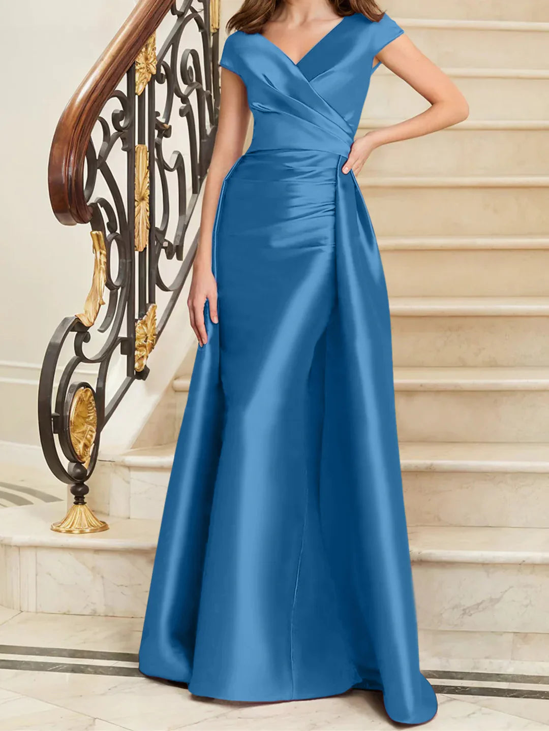 Tight fit/straight V-neck sleeveless satin mother of the bride dresses