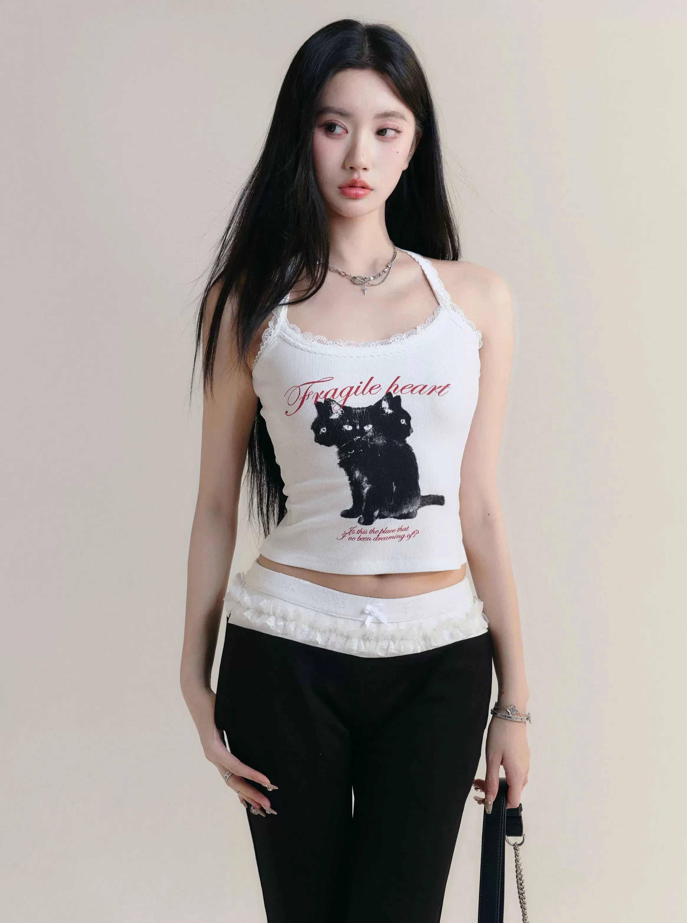 Feline Flair Lace-Trimmed Halter Tank - Black Cat Graphic vintage tank top