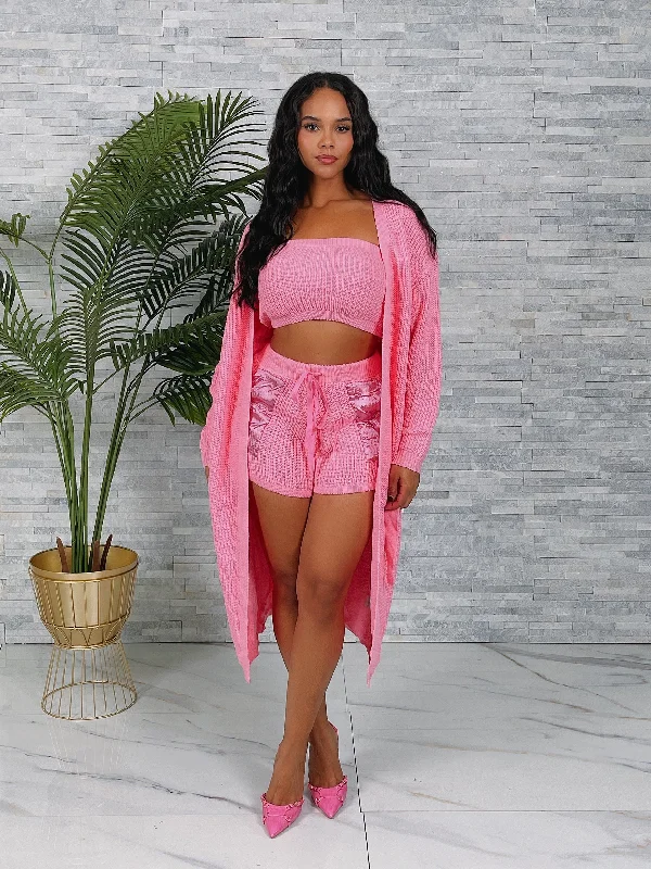 SW3496P - 3PC KNIT CARDIGAN TUBE TOP SHORTS SET Mesh Fabric Canvas Fabric Denim Fabric