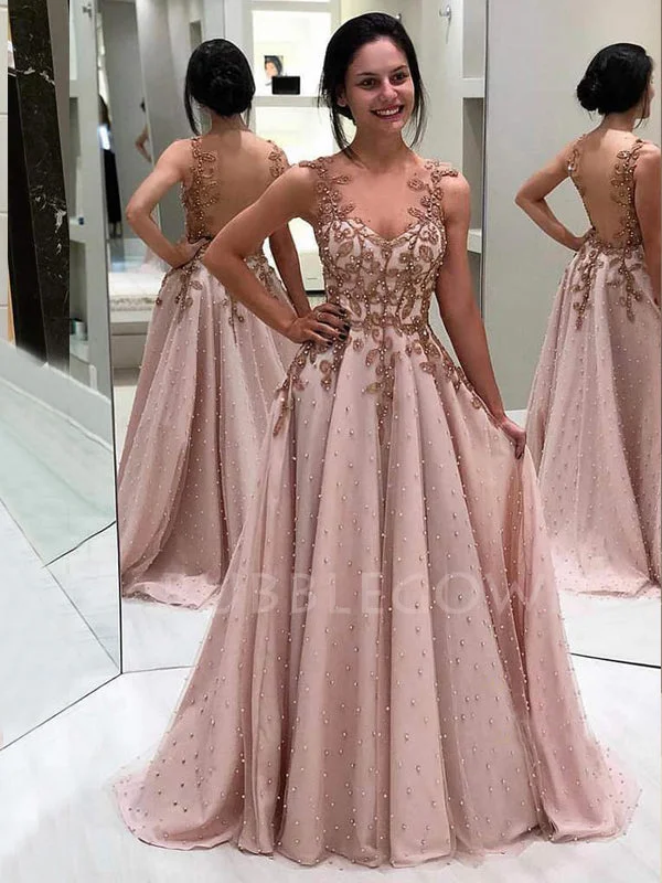 A-line V-neck Chic Appliques Tulle Long Beaded Evening Prom Dresses, Cheap Custom Prom Dresses, MR7624 A-line V-neck Chic Appliques Tulle Long Beaded Evening Prom Dresses, Cheap Custom Prom Dresses, MR7624