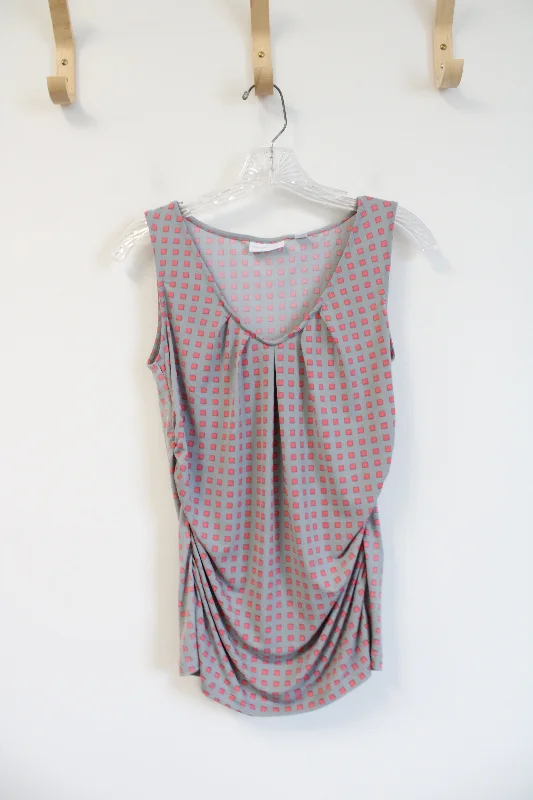 New York & Company Stretch Gray Pink Square Patterned Ruched Tank Top | S sage tank top
