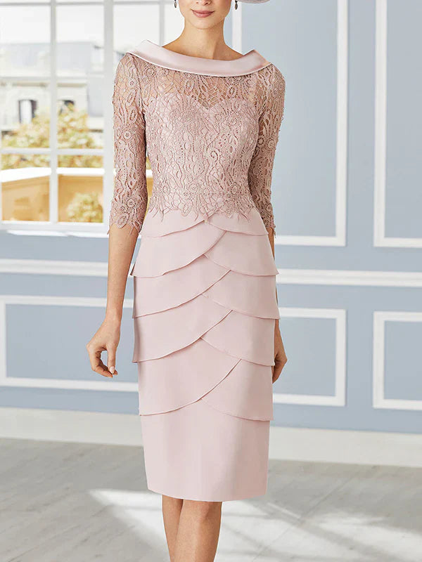 Sheath/cylindrical low round neck 3/4 sleeve knee length lace mother of the bride dresses