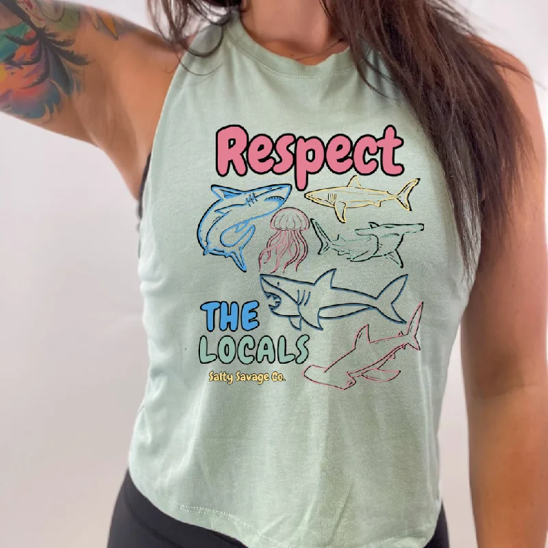 Ladies "Respect the Locals Shark" Flowy Crop Tank modal blend tank