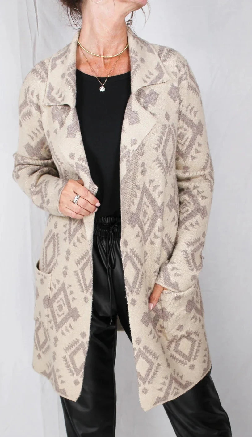 LADIES JACQUARD NOTCH COLLAR LONG CARDIGAN in OATMEAL HEATHER Fleece Fabric Down Fabric Feather Fabric