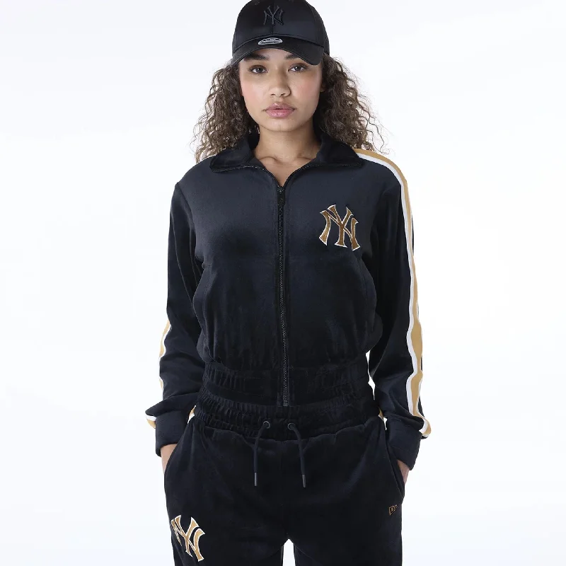 New York Yankees Womens MLB Velour Black Track Jacket Embroidered Jacket Appliqued Jacket Beaded Jacket