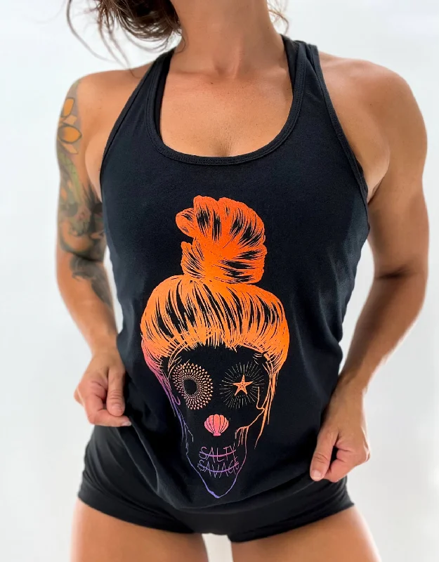 Ladies "Messy Bun Skull" Racerback Tank | Orange Purple Ombre spandex blend tank
