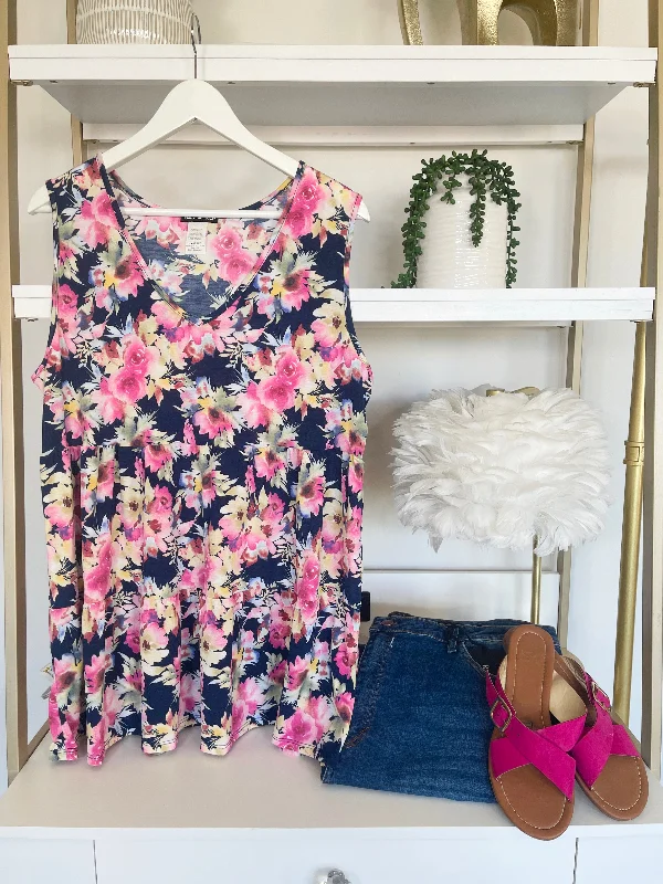 Pink and Yellow Floral on Navy Tiered Tank ribbed tank top
