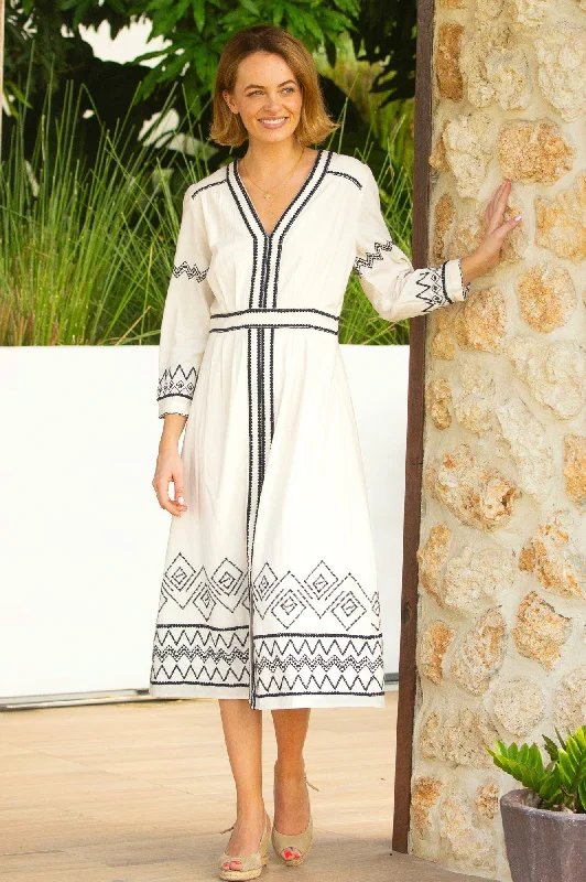 Jamila Embroidered Dress | Ecru/Navy Black