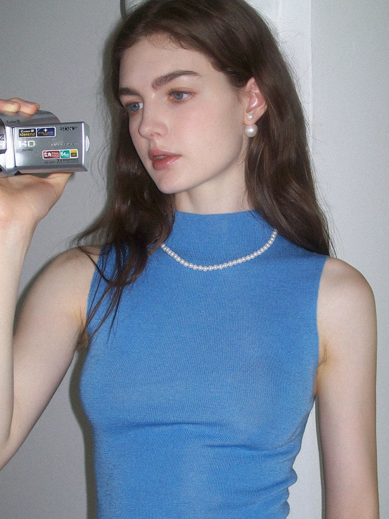 French Semi-High Neck Wool Knit Seamless Blue Tank Top sage tank top