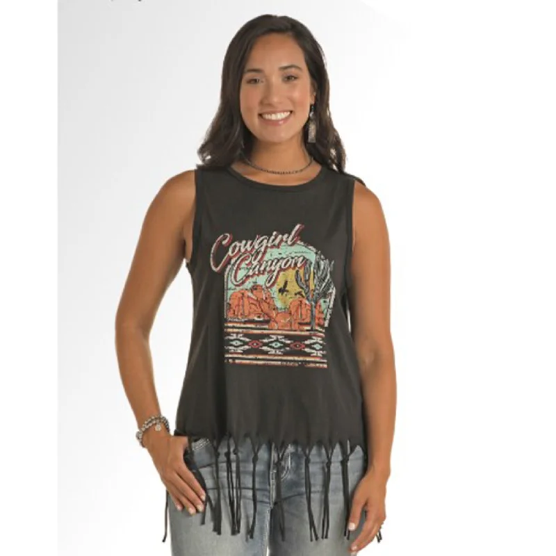 Rock & Roll Black Cowgirl Canyon Fringe Tank fitness tank top