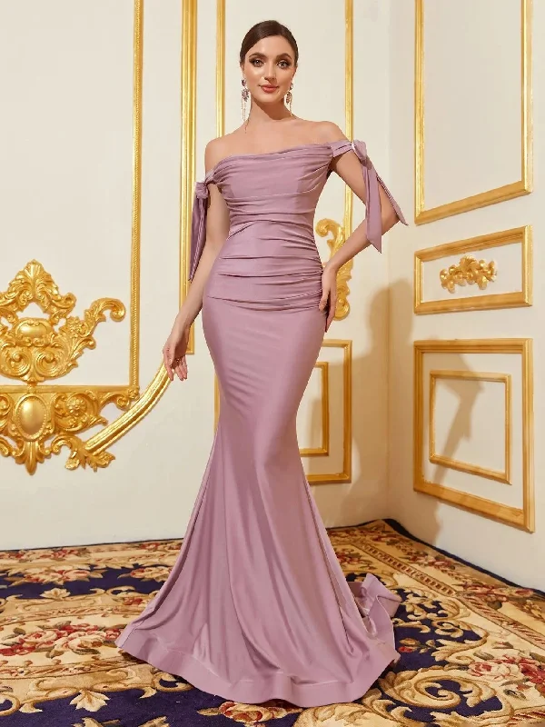 Off Shoulder Knot Side Ruched Front Mermaid Hem Evening Dress